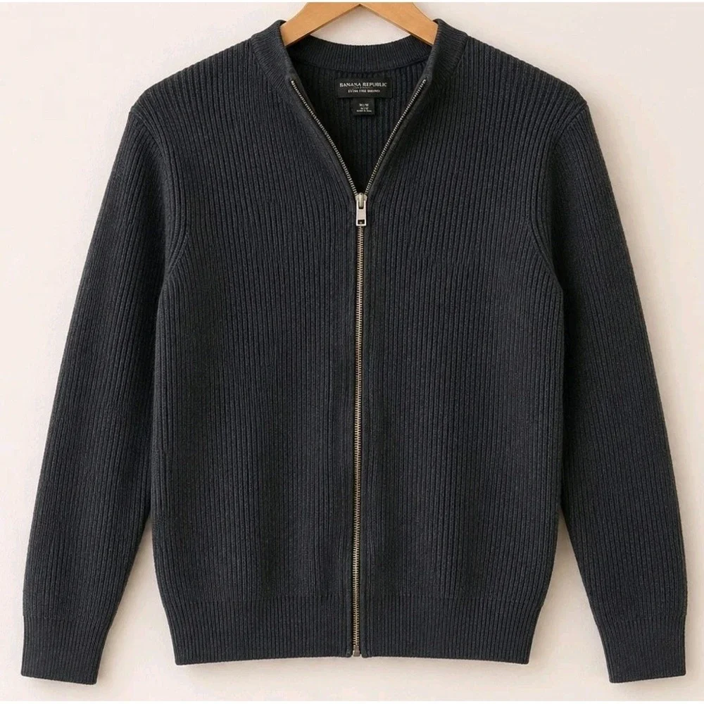 AllSaints Ribbed Zip Cardigan Mens XS Dark Gray Wool Blend Sweater Full Zip